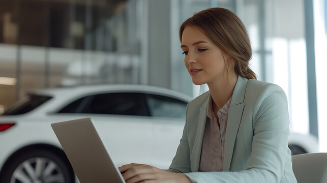 A woman works on a laptop in a car showroom, showcasing modern professionalism and automotive interest. She appears focused, blending business with the showroom environment.