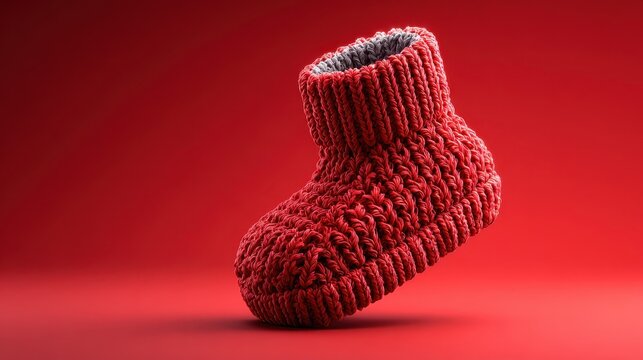 A red knitted sock rendered in 3D against a seamless red studio background. The sock is detailed with a realistic knit texture and appears to be floating.