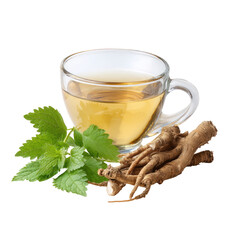 Herbal drink with roots and leaves against a black background