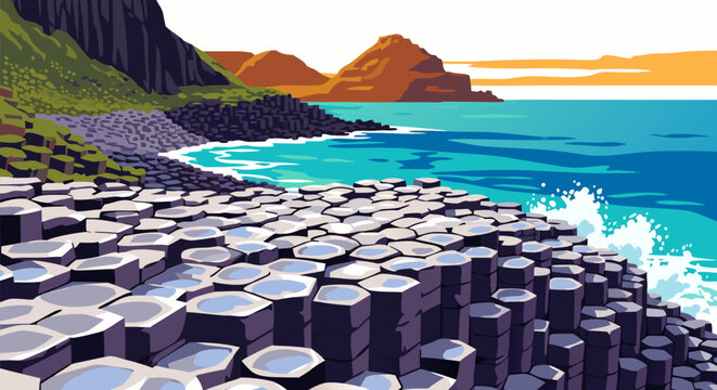 Pixel Art Coastal Landscape Giant's Causeway with Hexagonal Basalt Columns