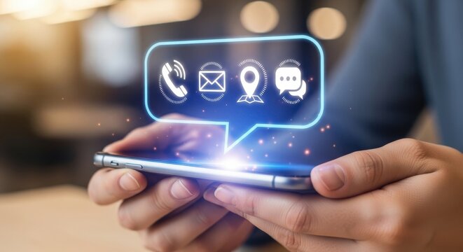 Mobile Contact Communication: Hands Holding Smartphone Displaying Contact Icons in a Speech Bubble for Digital Customer Service and Global Support