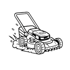 🚜 Outline Cartoon Illustration of a Push Lawn Mower Cutting Grass