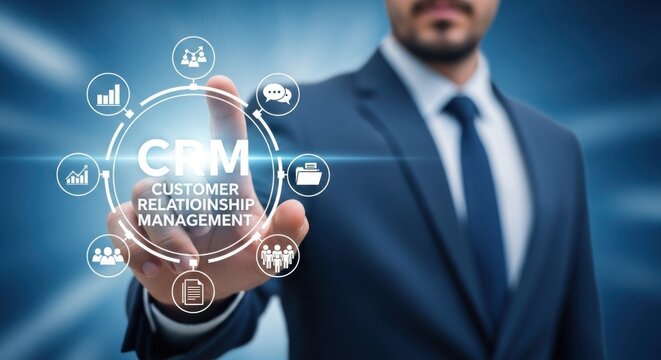 Customer Relationship Management: Businessman Touching Holographic CRM Text Surrounded by Growth, Teamwork, and Communication Icons for Sales Strategy and Data Analysis