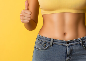 A woman in a yellow top and jeans shows a thumbs-up, indicating positivity. Against a yellow backdrop, her toned physique and jeans create a vibrant, healthy image.