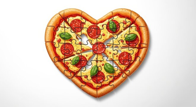 A heart-shaped pepperoni pizza made of interlocking jigsaw puzzle pieces with one piece missing from the center.