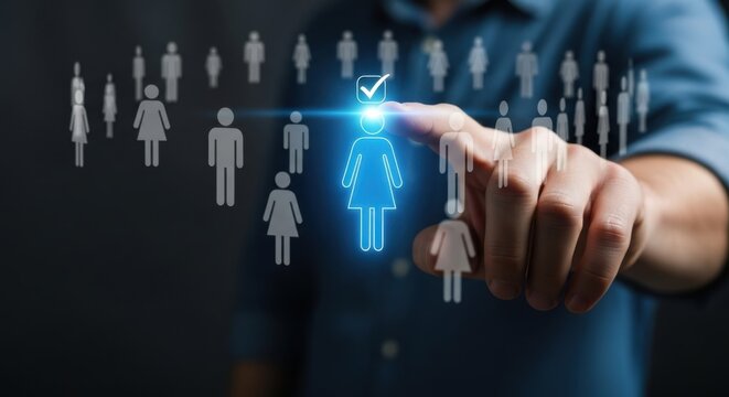 Candidate Selection and Recruitment: Hand Pointing to Glowing Female Icon with Checkmark Surrounded by Silhouette Figures for HR and Job Placement