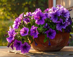 Close-up of vibrant, purple petunias overflowing a weathered terracotta pot, outdoors