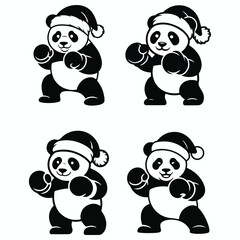Four cute cartoon pandas wearing santa hats and boxing gloves ready to fight