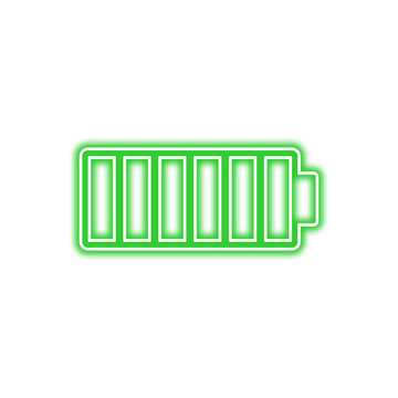 A glowing green battery icon with a full charge, depicted with a neon effect on a transparent background.