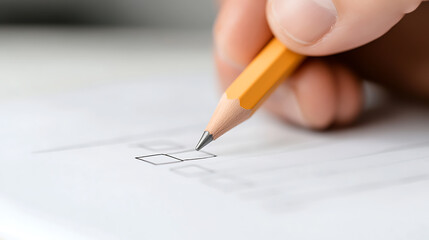 A hand marks a form with a yellow pencil, selecting an option from checkboxes on a crisp white surface. The image captures focus, decision-making, and the simplicity of choices.
