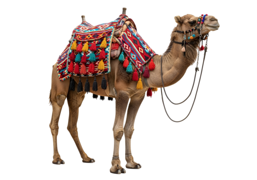 Beautiful Dromedary Camel with Vibrant Ornate Saddle and Colorful Tassels, standing majestically, isolated on transparent background