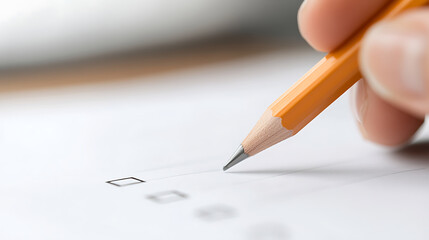 Close-up of a hand holding a pencil poised above a document with checkboxes, ready to make a selection, highlighting decision-making and precision in task completion.
