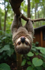 Obraz premium Funny sloth hangs upside down on tree branch looking at camera. Cute mammal shows tongue in rainforest. Wild animal hangs on wooden branch in wildlife sanctuary park.