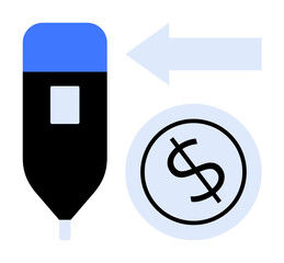 Pen pointing toward a dollar coin alongside a left-pointing arrow. Ideal for finance, savings, payment, refund, budgeting, highlight, business focus. A modern simple flat metaphor