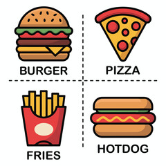 Four delicious fast food icons burger pizza fries and hot dog representing american cuisine