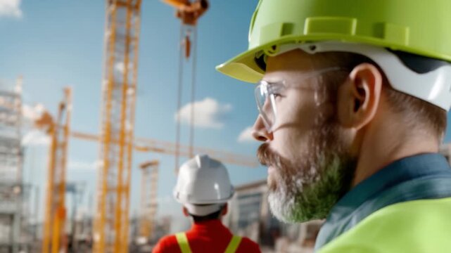 Construction Visionaries: Two construction workers, wearing safety gear, survey the towering cranes and the expanse of a modern building site. A scene capturing a vision of development and progress.