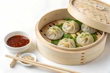 Bamboo steamer dumpling serving with chili sauce and herb garnish