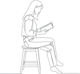 Minimalist line drawing of a woman reading a book on a stool