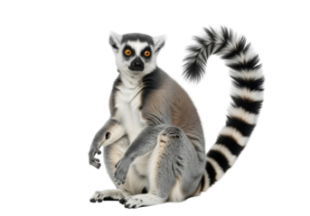 Captivating Ring-tailed Lemur sitting alert with its iconic black and white striped tail, showcasing its striking features, isolated on transparent background.
