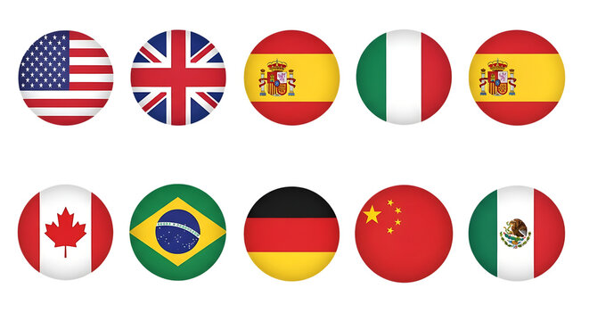 Collection of oval shaped national flags representing various countries isolated on white background