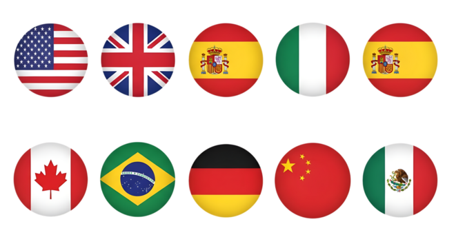 Collection of oval shaped national flags representing various countries isolated on white background