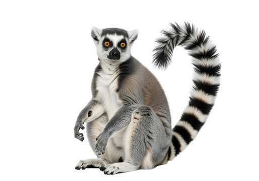 Captivating Ring-tailed Lemur sitting alert with its iconic black and white striped tail, showcasing its striking features, isolated on transparent background.