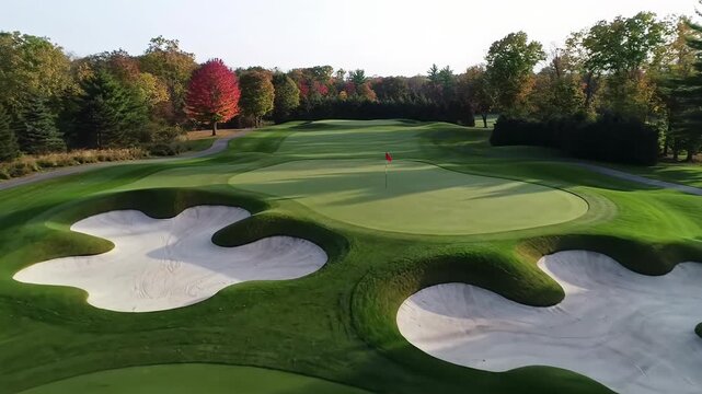 High-angle drone pullback video over a pristine golf course fairway, revealing white sand bunkers, a putting green, and vibrant autumn trees. Soft golden light, tranquil luxury concept.