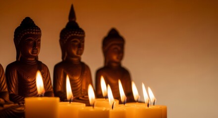 Ananda Pagoda Celebration gradient from rich amber to dusty beige, close-up of candle flames flickering near carved Buddha statues
