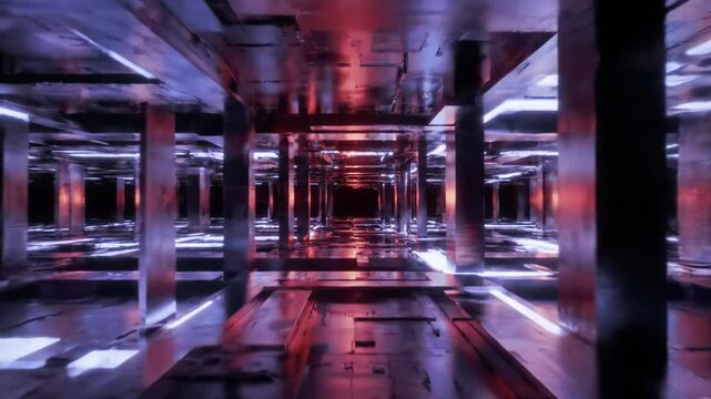a wide tracking video navigating an infinite abstract grid of reflective chrome & steel geometric shapes. chiaroscuro lighting with crimson & sapphire neon pulses, lens flares, data streams.