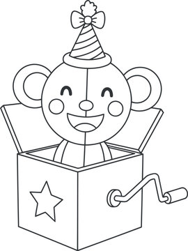 Joyful monkey pops out of a decorated jack in the box