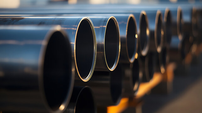 A row of dark metal pipes, lined up in perspective, showcasing smooth surfaces and circular openings against a blurred background for a modern, industrial feel. Great for backgrounds or industry. - Powered by Adobe