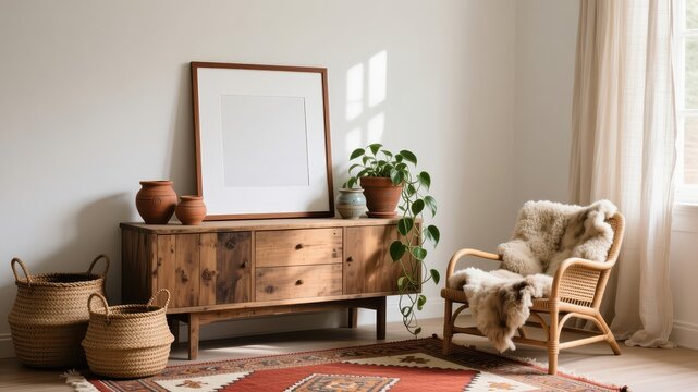 Poster frame mockup in cozy Scandinavian boho living room interior with wooden sideboard, rattan armchair, terracotta pots, woven baskets, indoor plant, and natural sunlight