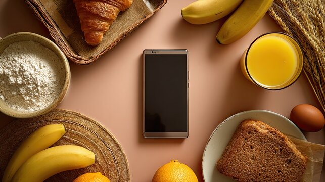 Top view of a blank smartphone screen. Breakfast at mtole - Powered by Adobe