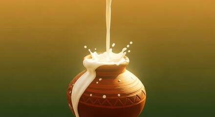 Pongal Festival gradient from honey gold to olive green, milk overflowing from clay pot symbolizing abundance