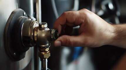 Close-up of a hand adjusting a metal valve with precision and care. The metal texture shines with a clean finish, reflecting the ambient light, showing attention to detail.