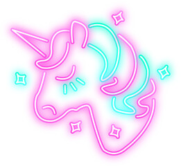 Glowing Neon Pink and Cyan Unicorn Head Shape Sign Illustration, A cute magical design with a modern, electric feel.