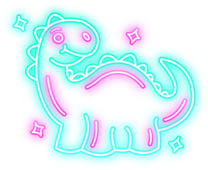 Cartoon Cute Neon Dinosaur Character Glowing Brightly in Pink and Blue Illustration, The adorable dinosaur character is perfect for children's designs, playful themes, and retro aesthetics.