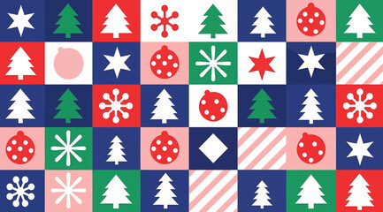 Holiday Icon Grid – Festive Pattern Featuring Christmas Trees, Snowflakes, Stars, Ornaments, and Geometric Shapes in Red, Green, Blue, Pink, and White Cells for Seasonal Decoration and Design Use