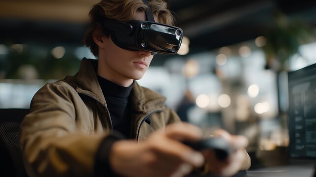 Close-up of designers manipulating 3D logos and marketing assets in VR headset environment, highlighting virtual collaboration, next-generation creative tools, and modern digital studio workflow.