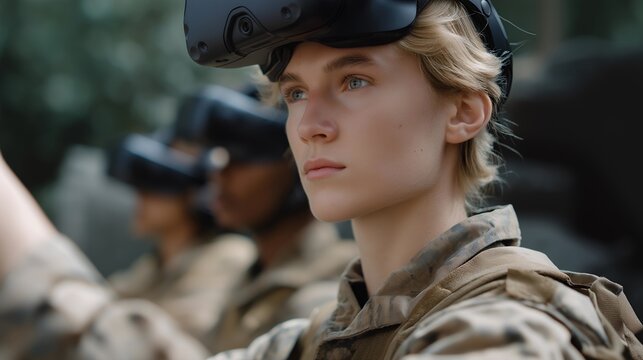 Wide-angle shot of group of recruits navigating VR battlefield with instructor guidance, symbolizing modern military education, digital tactical training, and future-ready soldier preparedness.