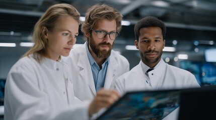 AI processor lab with engineers inspecting microscopic chip layouts under holographic 3D displays, highlighting semiconductor innovation, advanced microchip design, and futuristic AI hardware