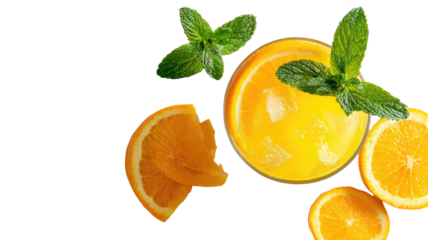 Orange drink with mint and fruit slices, overhead view