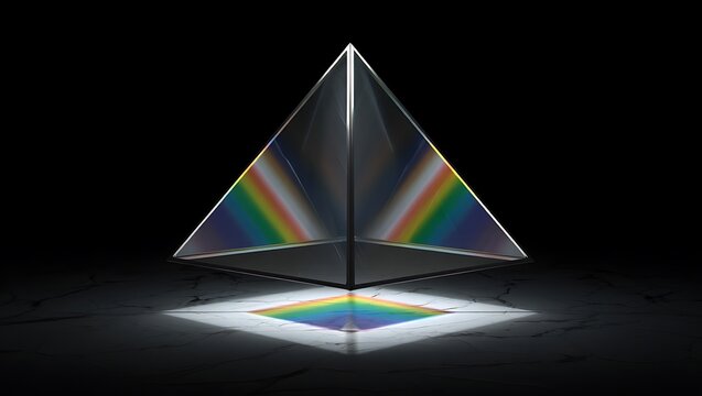 Abstract colorful rainbow background with 3D pyramid and prism elements