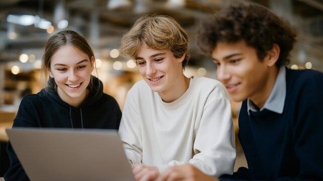 Wide shot of diverse students exploring a virtual campus and selecting projects via augmented reality dashboard, symbolizing modern education, personalized learning, and tech-driven academic