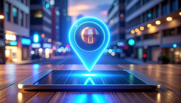 Find local stores with neon map pin on tablet in city at night, a modern way to shop local and support small business in a vibrant urban environment