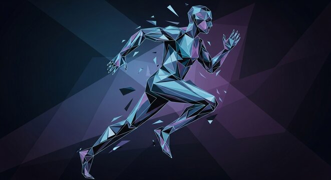 Abstract illustration of a running figure in dynamic pose with polygonal design