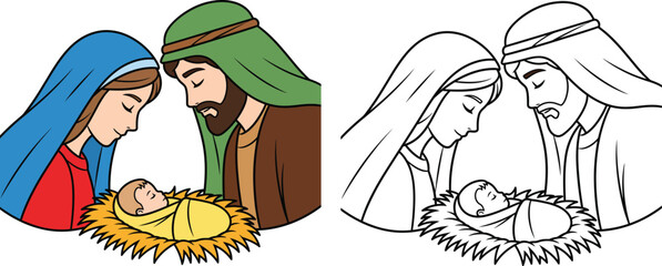 Mary and Joseph Gazing at Baby Jesus in Manger Nativity Scene Christmas Illustration