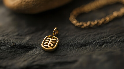 Elegantly crafted gold pendant with an intricate design showcased on a textured dark stone surface, complemented by a blurred gold chain, and a smooth stone in the background.