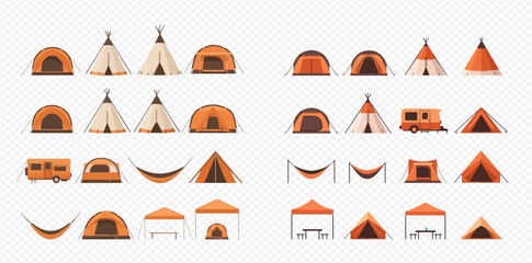 Collection of various camping tents, hammocks, and a camper trailer for outdoor adventures.