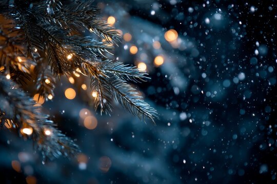 Snowy Christmas Tree Branches with Warm Yellow Lights and Bokeh